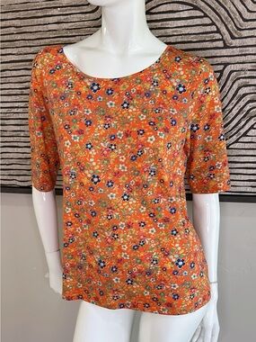 Peruvian Connection Orange Floral Scoop Neck Short Sleeve Top Sz L